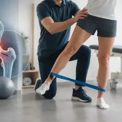 Rehabilitacja po artroskopii biodra: fizjoterapeuta pomaga pacjentce ćwiczyć z taśmą oporową, obok grafika stawu biodrowego.