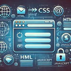 Grafika przedstawia okno przeglądarki internetowej otoczone ikonami symbolizującymi HTML, CSS, JavaScript i bezpieczeństwo.