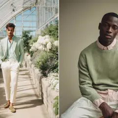 Dos hombres con atuendos que resaltan los colores que combinan con el verde: uno con traje menta y blanco en un invernadero, otro con suéter verde y camisa rosa.