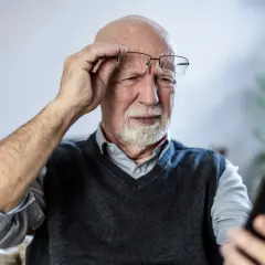 Starszy mężczyzna z siwą brodą i łysiną, poprawiając okulary, z trudem skupia wzrok na ekranie telefonu. Czy to początki demencji?