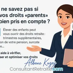 Une consultante aide à optimiser les droits retraite liés à l'éducation des enfants, incluant les trimestres supplémentaires.