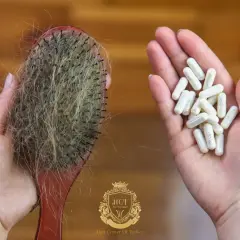 Cepillo con pelo caído y mano con cápsulas, buscando las mejores vitaminas para el pelo.