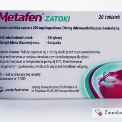 Metafen Zatoki, lek na ból i niedrożność zatok, ból głowy i gorączkę. Opakowanie 20 tabletek.