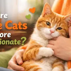 An orange tabby cat is held by a person, with text asking "Are male cats more affectionate?".
