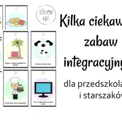 Karty z propozycjami zabaw integracyjnych w przedszkolu: samolot, śniadanie, żółw, plaża, pies, kucharz, telewizor.