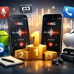 Dwa smartfony z ikoną nagrywania, podium z jedynką, symbole Androida i Apple. To najlepsza aplikacja do nagrywania rozmów, która zdobywa pierwsze miejsce!