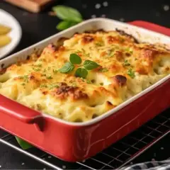 Un gratin de crozet doré et gratiné, garni de persil frais, sort du four. Un plat réconfortant prêt à être dégusté.