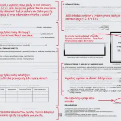 Zdjęcie przedstawia formularz wniosku o wydanie prawa jazdy, z zaznaczonym polem na fotografię 3,5 x 4,5 cm.