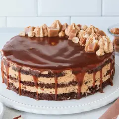 Schokoladenkuchen mit Karamellcreme und Nüssen, überzogen mit glänzender Schokoladenglasur. Eine köstliche Nuss Karamell Torte.