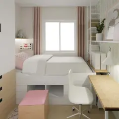 Clever 4 qm zimmer einrichten: Bett mit Stauraum, Schreibtisch, Schrank und Regal schaffen Platz.
