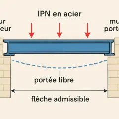 Un IPN en acier repose sur des murs porteurs. La portée libre est la distance entre les murs. La flèche admissible indique la déformation maximale autorisée.