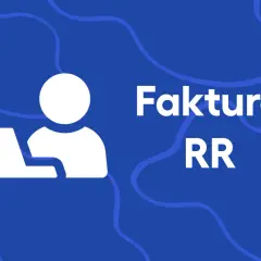Biała ikona osoby przy laptopie na niebieskim tle. Obok napis "Faktura RR".