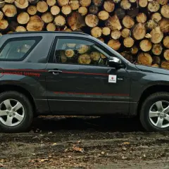 Suzuki Grand Vitara wymiary: ciemnoszary SUV testowy na tle stosu drewna.