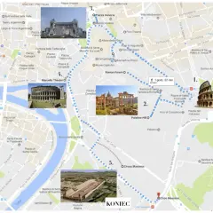 Plan na **rzym w 3 dni**: trasa od Koloseum (1) przez Forum Romanum (2), Piazza Venezia (3), Teatr Marcellusa (4) do Circus Maximus (5).