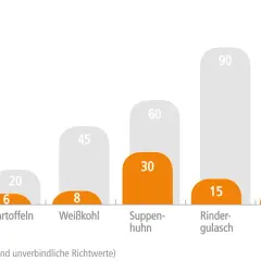 Kochzeiten in Minuten: Kartoffeln nur 6 Min., Weißkohl 8 Min., Suppenhuhn 30 Min., Rindergulasch 15 Min., Linseneintopf 10 Min.