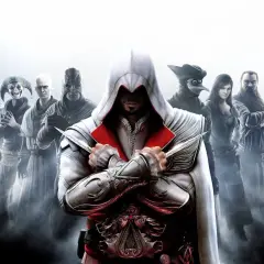Postacie z gry Assassin's Creed, w tym główny bohater w białym kapturze z ukrytymi ostrzami, gotowi do akcji. To chyba najlepszy assassin's creed.