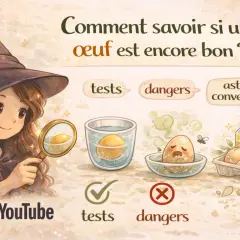 Une sorcière examine un œuf à la loupe. L'image montre des tests pour savoir si on peut manger des œufs périmés, avec des dangers illustrés.
