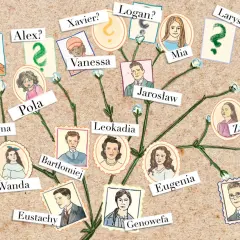 Drzewo genealogiczne z portretami i polskimi, ciekawe imiona męskie jak Antoni, Eustachy, Leon, Jarosław, Krzysztof, Bartłomiej, Ivo, Xavier, Logan, Alex.