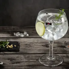 Orzeźwiający gin and tonic z plasterkiem limonki, gałązką rozmarynu i ziarnami pieprzu, na drewnianym blacie.