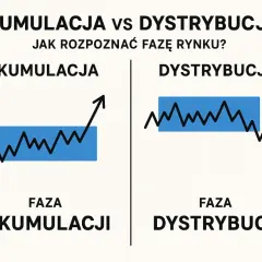 Wykresy ilustrujące fazę akumulacji (wzrost) i dystrybucji (spadek) na rynku. Kolejność faz jest kluczowa.