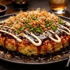 En läcker japansk kålpannkaka toppad med sås, majonnäs, sesamfrön och grön lök.