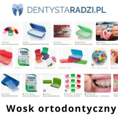 Różne rodzaje wosku na aparat ortodontyczny, w tym opakowania i przykłady użycia.