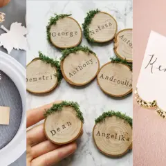 Trois styles de marque place fait maison : bouquet séché sur assiette, rondins de bois décorés de mousse, et carte élégante pailletée.