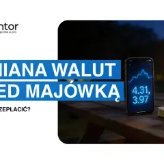 Jak działa kantor internetowy? Na stole leży telefon z wykresem kursów walut, obok stos banknotów i moneta. Wymiana walut przed majówką.
