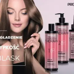 Kobieta z lśniącymi włosami i serią kosmetyków Prosalon Lamellar Therapy. Dowiedz się, co to woda lamelarna i jak działa.