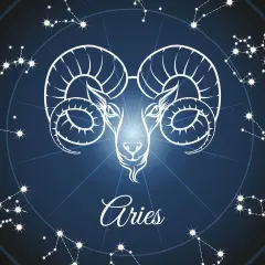 Symbol barana, zodiakalny marzec znak zodiaku, otoczony konstelacjami na tle nocnego nieba.