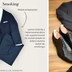 Elegancki smoking z białą koszulą, czarną muszką i czarnymi, lakierowanymi oksfordami. Idealne buty do smokingu.
