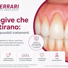 Primo piano di denti sani con gengive rosa, ma il testo "Gengive che si ritirano" suggerisce un problema comune.