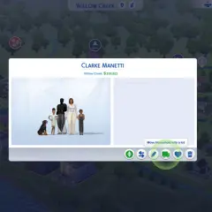 Rodzina Clarke Manetti na mapie Willow Creek. Kliknij ikonę ołówka, by dowiedzieć się, jak edytować sima podczas gry Sims 4 kodem.