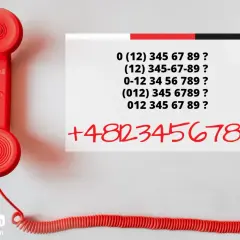 Czerwona słuchawka telefonu i lista numerów, w tym kierunkowy 58.
