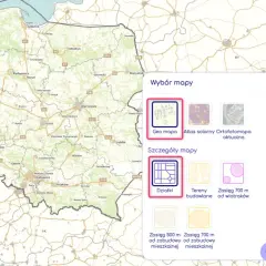 Jak sprawdzić czy budynek jest naniesiony na mapę? Wybierz "Geo mapa" lub "Działki" w oknie "Wybór mapy", by zobaczyć szczegóły terenu.