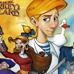 Postacie z gry Escape from Monkey Island: Guybrush Threepwood, Elaine Marley z pistoletem, dziwny mężczyzna w niebieskim stroju i gęś.