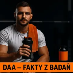 Mężczyzna z shakerem i suplementem. Kwas d-asparaginowy (DAA) wspiera budowanie masy mięśniowej.