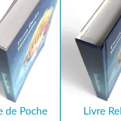 Comparaison visuelle : la différence entre broche et poche. Un livre de poche à gauche, un livre relié à droite, montrant leurs couvertures distinctes.