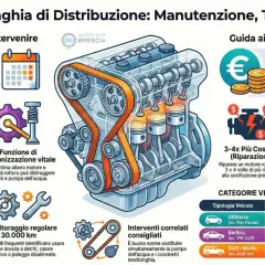 Illustrazione di un motore auto che mostra dove si trova la cinghia di distribuzione, con dettagli su manutenzione, tempi e costi.