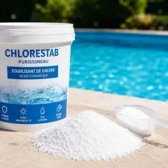 Un seau de stabilisant de chlore Chlorestab et une cuillère doseuse près d'une piscine. Idéal pour éviter que le bassin trop bas ne perde son chlore.