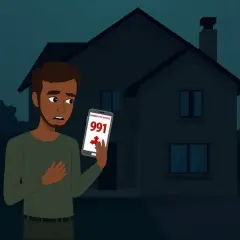 Mężczyzna trzyma telefon z numerem 991 na tle ciemnego domu.
