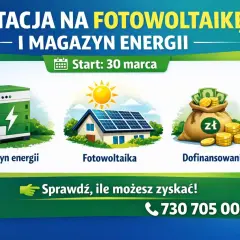 Ilustracja przedstawia magazyn energii, dom z fotowoltaiką i worek pieniędzy.