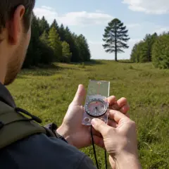 Mężczyzna sprawdza azymut na kompasie, przygotowując się do wędrówki przez łąkę w kierunku lasu.