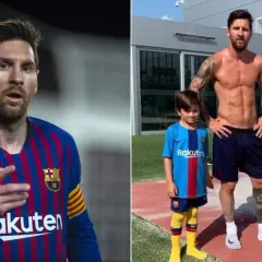 Messi waga: piłkarz w stroju Barcelony i z synami na boisku.