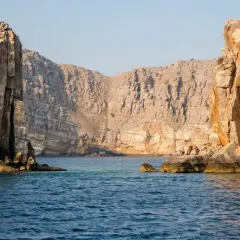 Skaliste wybrzeże i turkusowa woda. Idealne miejsce na wakacje w Omanie, gdzie można podziwiać surowe piękno natury.