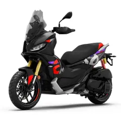 Aprilia RS 400, un scooter negro con detalles rojos y morados, listo para la aventura.