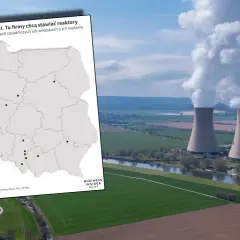 Mapa Polski z zaznaczonymi lokalizacjami, gdzie firmy chcą budować reaktory atomowe. W tle widać chłodnie kominowe elektrowni.