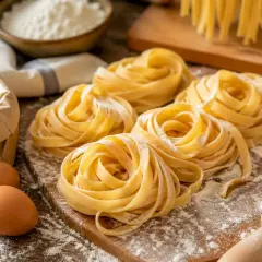 Nidi di pasta fatta in casa, farina, uova e mattarello su un tagliere di legno.