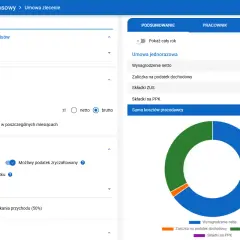 Kalkulator finansowy z formularzem wypełniania umowy zlecenia i wykresem kołowym podsumowującym koszty.