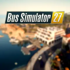 Titelbild für Bus Simulator 27: Eine Küstenstadt mit Yachten und Gebäuden.